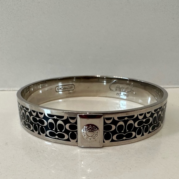COACH Silver and Black Enamel Signature Cuff Bangle Bracelet - Picture 2 of 5